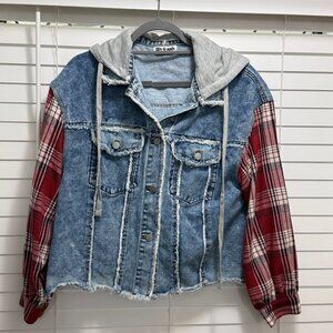 Lily & Ash Women's Jean Meets Plaid Hooded Jacket; Size M